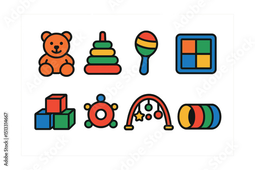 Flat vector icons of baby toys and entertainment: plush toy, stacking rings, musical toy, playmat, soft blocks, sensory toy, activity gym, crawling tunnel.