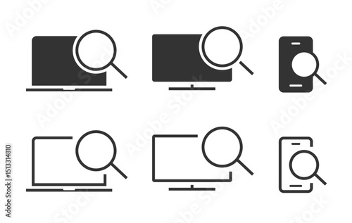 Magnifying glass examine solid desktop computer pc screen line stroke art icon vector,  minimal search test find analysis laptop sign, cell phone smartphone linear symbol, cellphone audit web view
