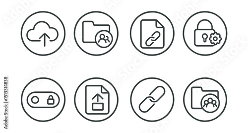 Line style icons of cloud storage: share from cloud icon, shared folder badge, link to file symbol, permission settings ring, private/public toggle icon, file request icon, generate link symbol,