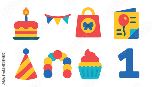 Flat vector icons of birthday party accessories: cake with candle, party banner, goodie bag, invitation card, party hat, balloon arch, cupcake, birthday number.