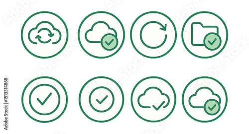 Line style icons of cloud sync: sync confirmation icon, updated success badge, green check in sync circle, all files up-to-date icon, no pending updates ring, latest version confirmed, cloud tick