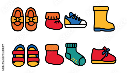 Flat vector icons of baby and toddler footwear: crib shoes, soft moccasins, baby sneakers, rain boots, velcro sandals, warm booties, crawling socks, pre-walker shoes.