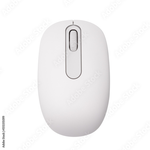Top view of a white wireless mouse isolated on a clipped PNG transparent background