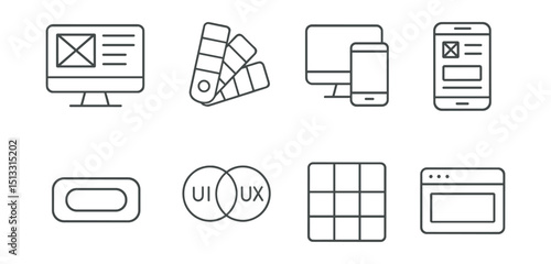 Line style icons of front-end development: screen with UI wireframe, color palette, responsive design icon, mobile screen layout, button component, UI/UX symbol, layout grid, browser preview.
