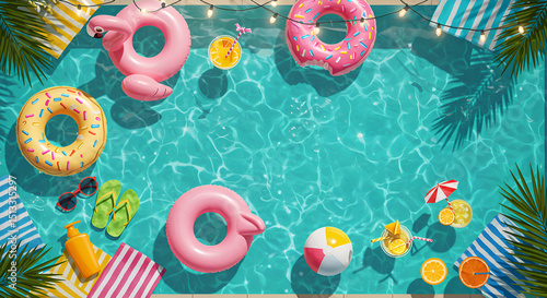 A vibrant summer pool party scene featuring colorful floaties, beach balls, and poolside accessories. Bright sunlight reflects off the clear blue water, creating a fun and energetic atmosphere perfect