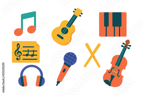 Flat vector icons of music as a hobby: music note, guitar, piano keys, sheet music, headphones, microphone, drumsticks, violin.