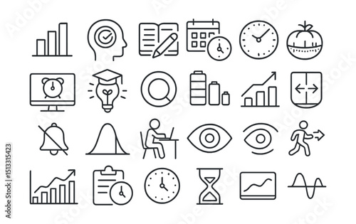 Line style icons of remote productivity and time use: productivity bar, focus time icon, study session, time blocking, pomodoro timer, screen time icon, active learning, session ring, energy level,
