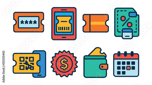 Flat vector icons of coupons and vouchers: coupon code, digital voucher, ticket icon, printable coupon, scan to redeem, savings badge, coupon wallet, expiration date.