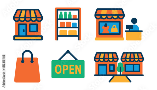 Flat vector icons of stores and retail locations: physical store, retail shelf, storefront icon, window display, cashier counter, shopping bag, open sign, shopping street.