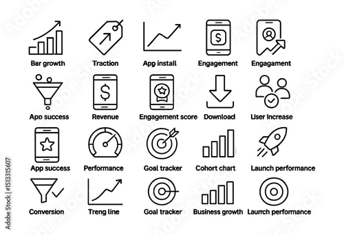 Line style icons of growth and KPIs in mobile development: growth chart, traction tag, install curve, user retention, funnel stats, revenue icon, engagement score, growth milestone, app success,