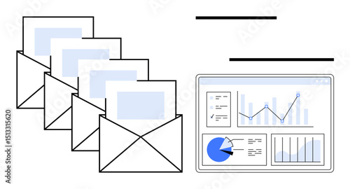Envelopes with messages and a data analytics dashboard featuring graphs, charts, and statistics. Ideal for email marketing, data analysis, communication, business growth, strategy, corporate use