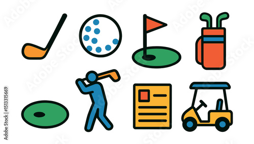 Flat vector icons of golf: golf club, golf ball, hole with flag, golf bag, putting green, swing motion, scorecard, caddy cart.