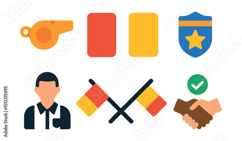 Flat vector icons of referees and judging: referee whistle, red card, yellow card, official badge, match referee, signal flags, review monitor, fair play icon.