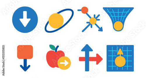Flat vector icons of gravity and orbital mechanics: gravity icon, curved orbit path, center of mass, gravity well, free-fall object, Newton’s law icon, force arrows, space-time grid.