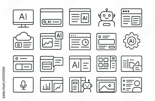 Line style icons of desktop tools and AI integration: AI on desktop, taskbar AI assistant, AI overlay window, desktop automation bot, floating panel, cloud dashboard view, real-time AI widget,