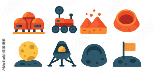 Flat vector icons of Mars and lunar research: Mars base, Mars rover, red dust, Martian crater, moon surface, lunar module, moon crater, flag on moon.