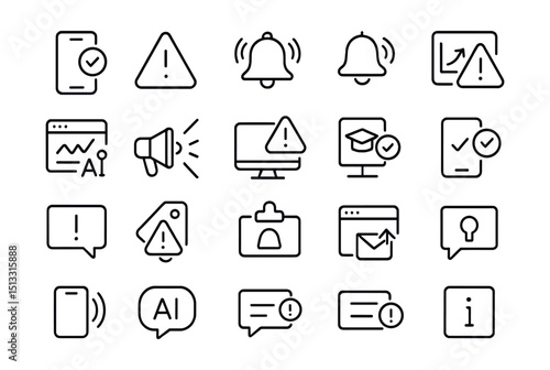 Line style icons of notifications and AI alerts: smart notification, alert condition icon, prediction ping, data change alert, AI inference update, trigger signal, anomaly found alert, AI action