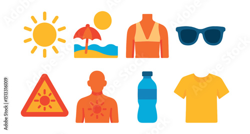 Flat vector icons of summer weather: blazing sun, beach heat, tan lines, sunglasses icon, water bottle, heatwave warning, sunburn symbol, light clothes.
