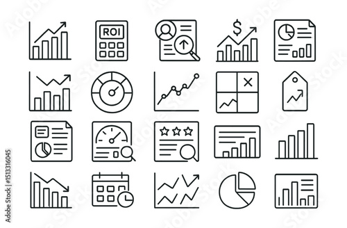 Line style icons of financial analysis and review: bar chart with trend, ROI calculator, expense review icon, income analysis tile, financial report icon, risk vs return chart, credit utilization