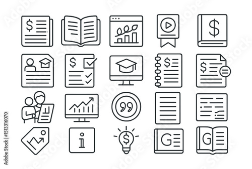 Line style icons of reading and financial literacy: financial article icon, ebook page icon, investment blog tile, course lesson badge, money glossary icon, study document icon, learn-to-budget guide