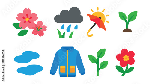 Flat vector icons of spring weather: cherry blossoms, light rain, fresh grass, umbrella and sun, new leaves, puddles, spring jacket, first bloom.