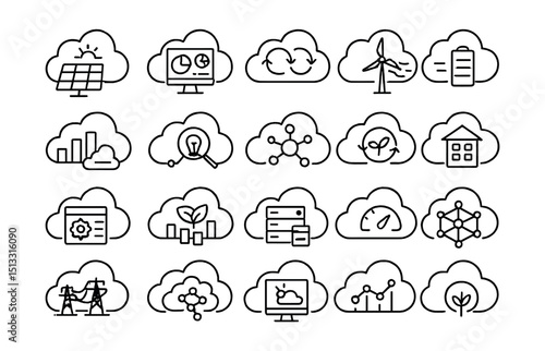Line style icons of cloud-based energy platforms: solar data in cloud, cloud dashboard icon, real-time sync panel, wind data stream cloud, battery logs cloud, backup energy analytics, IoT data cloud,
