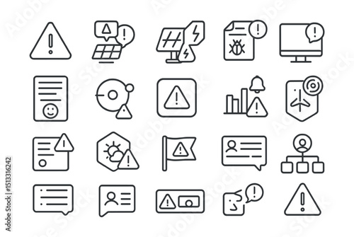 Line style icons of feedback, alerts, and real-time updates: system alert icon, solar update notification, EV alert tag, issue report icon, dashboard notification bubble, system feedback form,