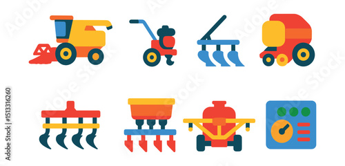 Flat vector icons of farming machinery: combine harvester, tiller, plow, hay baler, cultivator, planting machine, sprayer rig, control panel.