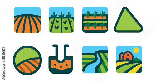 Flat vector icons of fields and open land: plowed field, crop rows, planted beds, field boundary, rotation plot, soil sample site, irrigation path, distant farm view.