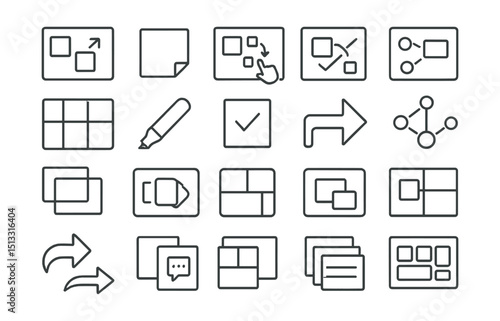 Line style icons of virtual whiteboards and collaboration boards: online whiteboard icon, sticky note tile, drag & drop board, collaboration sketch panel, virtual grid layout, color marker tool,
