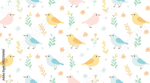 Bird flower pattern. Seamless floral vector spring background. Crayon wallpaper garden design. Abstract bird animal plant leaf flower print. Simple pastel illustration. children, chalk, doodle,