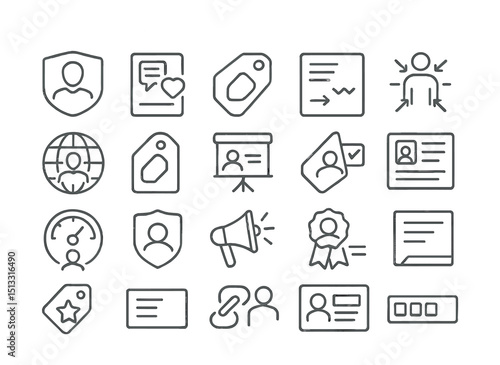 Line style icons of personal branding and reputation: personal brand badge, tone + values tile, visual identity tag, tagline sketch card, niche positioning icon, online presence badge, elevator pitch