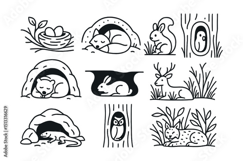 Line style icons of seasonal territories and dens: bird spring nest, fox winter den, squirrel tree hollow, bear winter cave, rabbit burrow, deer bedding spot, lizard stone shelter, owl tree cavity,
