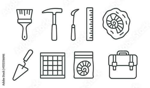 Line style icons of paleontological tools and equipment: excavation brush, rock hammer, fossil pick, measuring scale, plaster jacket, digging trowel, sieve screen, specimen bag, notebook with sketch,
