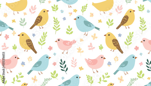 Bird flower pattern. Seamless floral vector spring background. Crayon wallpaper garden design. Abstract bird animal plant leaf flower print. Simple pastel illustration. children, chalk, doodle,