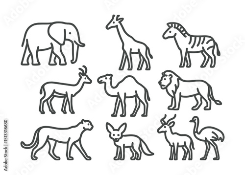 Line style icons of animals impacted by drought and desertification: African elephant, giraffe, zebra, springbok, camel, lion, cheetah, fennec fox, kudu, ostrich.