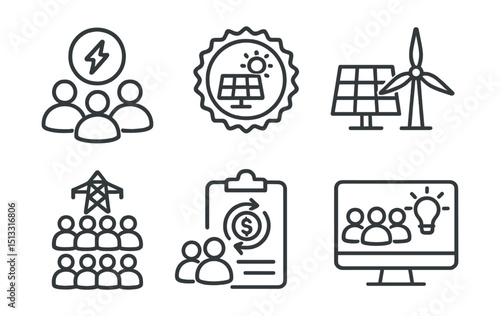 Line style icons of sustainable energy: energy community icon, shared solar badge, co-owned turbine panel, community grid symbol, group investment tracker, citizen energy initiative screen.