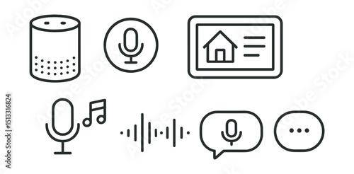 Line style icons of smart home technology: smart speaker icon, voice assistant badge, home command screen, music playback via voice, smart reply waveform, device wake word symbol, assistant status