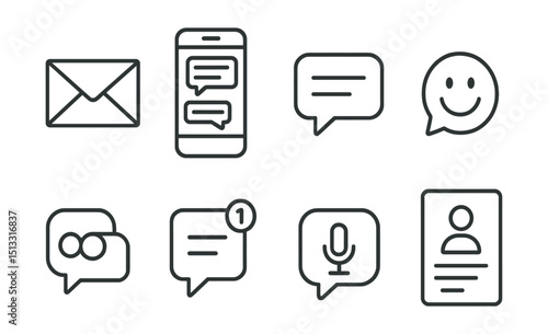 Line style icons of social media: direct messaging icon, inbox chat screen, message thread layout, emoji reply bubble, group message badge, unread message counter, quick voice reply icon, message