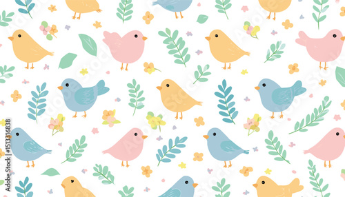 Bird flower pattern. Seamless floral vector spring background. Crayon wallpaper garden design. Abstract bird animal plant leaf flower print. Simple pastel illustration. children, chalk, doodle,