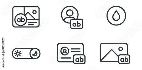 Line style icons of social media: branding layout icon, logo tag in profile, consistent color scheme badge, theme mode toggle, brand hashtag panel, visual identity card, brand cover image tag.