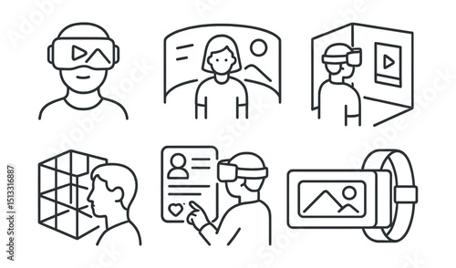 Line style icons of social media: VR content icon, immersive post view, story in virtual room, profile with 3D layout, interactive feed in VR, virtual reaction board, wearable display panel.