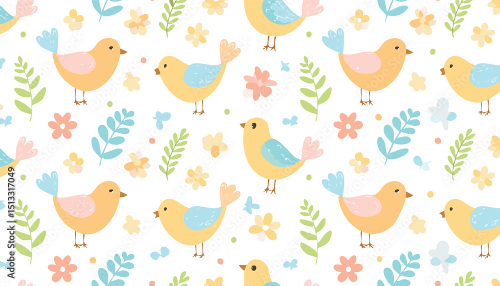 Bird flower pattern. Seamless floral vector spring background. Crayon wallpaper garden design. Abstract bird animal plant leaf flower print. Simple pastel illustration. children, chalk, doodle, Bird flower pattern. Seamless floral vector spring background. Crayon wallpaper garden design. Abstract bird animal plant leaf flower print. Simple pastel illustration. children, chalk, doodle,
