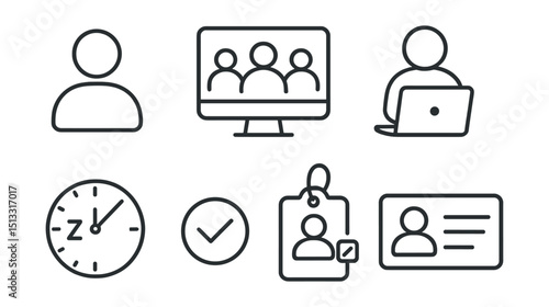 Line style icons of remote work: user profile icon, team roles screen, remote worker card, time zone badge, availability status symbol, profile customization tag, coworker bio panel.