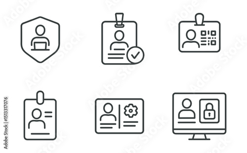 Line style icons of remote work: remote work badge icon, verified remote worker symbol, work pass QR code, digital ID tag, role-based profile card, authorized access screen, team credentials board.