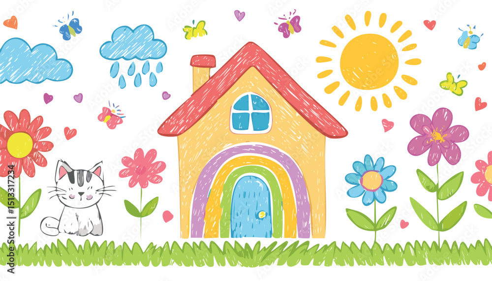 Cute kid crayon hand drawn icon background. Summer children pencil bg. Cute school sketch. Color cloud house, flower, rainbow sun, cat. Vector kid pencil illustration. children, brush, butterfly, Cute kid crayon hand drawn icon background. Summer children pencil bg. Cute school sketch. Color cloud house, flower, rainbow sun, cat. Vector kid pencil illustration. children, brush, butterfly,