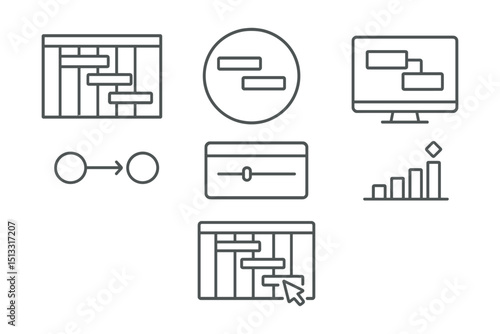Line style icons of project management: gantt chart layout, timeline bars badge, task dependency screen, start-to-finish indicator, duration slider card, milestone bar graph, interactive project view