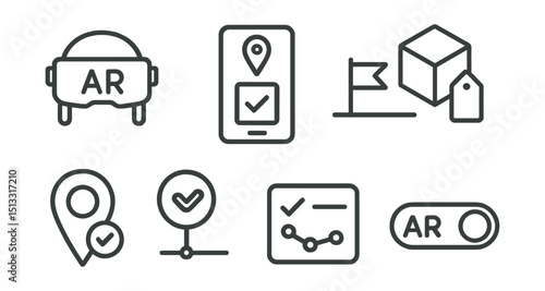 Line style icons of project management: augmented reality interface icon, AR task pin screen, in-field milestone overlay, real-world object tag, hands-free status badge, spatial task sync card, AR