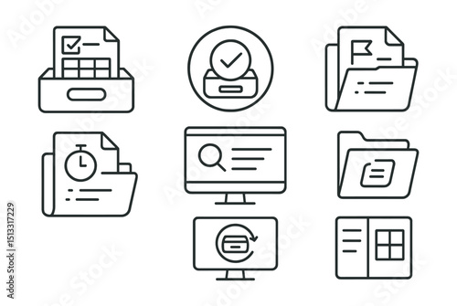 Line style icons of project management: project archive icon, completed task storage badge, old milestone file, past sprint folder, searchable history screen, backup layout for archive, reference
