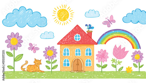 Cute kid crayon hand drawn icon background. Summer children pencil bg. Cute school sketch. Color cloud house, flower, rainbow sun, cat. Vector kid pencil illustration. children, brush, butterfly, 